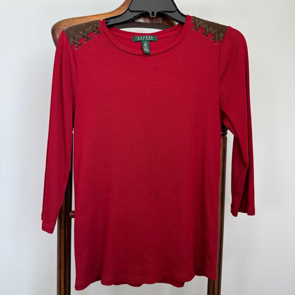 Lauren Ralph Lauren Ribbed Red Cotton Top L Y2K Brown Faux Suede Shoulder Shirt